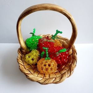 RARE VTG Woven Basket w/ Handle Ceramic Signed Beaded Fruits Included (7pcs)